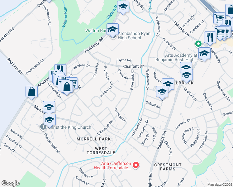 map of restaurants, bars, coffee shops, grocery stores, and more near 10827 Heflin Road in Philadelphia