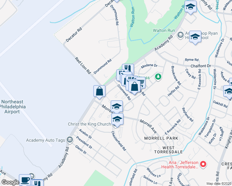 map of restaurants, bars, coffee shops, grocery stores, and more near 10224 Ambridge Place in Philadelphia