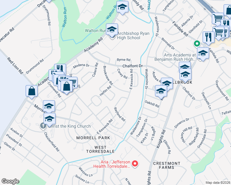 map of restaurants, bars, coffee shops, grocery stores, and more near 10827 Heflin Road in Philadelphia