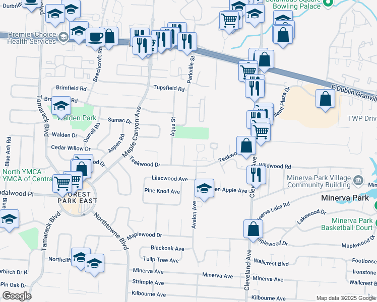 map of restaurants, bars, coffee shops, grocery stores, and more near 5421 Ivywood Lane in Columbus