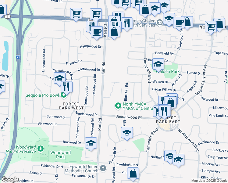 map of restaurants, bars, coffee shops, grocery stores, and more near 5500 Karl Road in Columbus