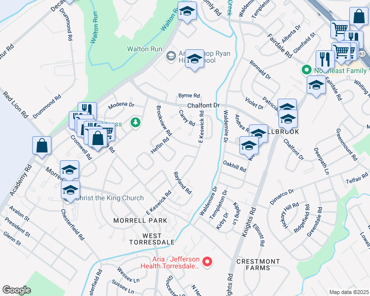 map of restaurants, bars, coffee shops, grocery stores, and more near 3583 Brookview Road in Philadelphia