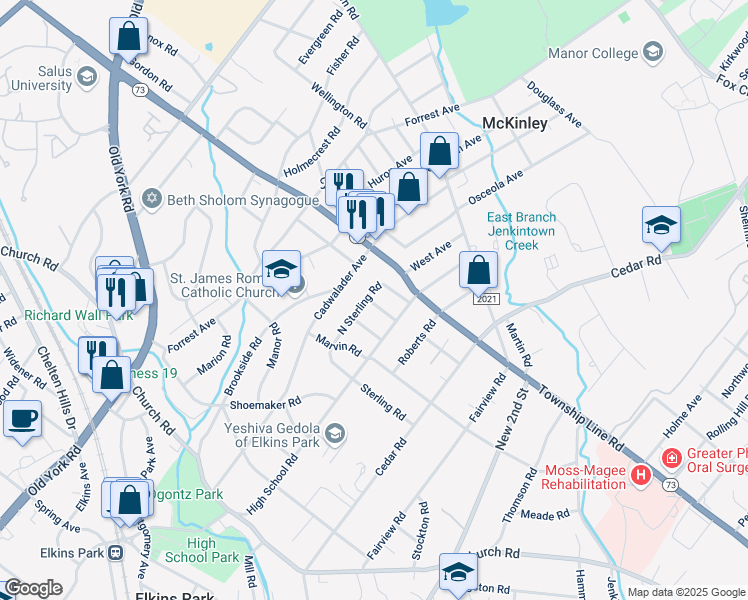 map of restaurants, bars, coffee shops, grocery stores, and more near 421 North Sterling Road in Elkins Park
