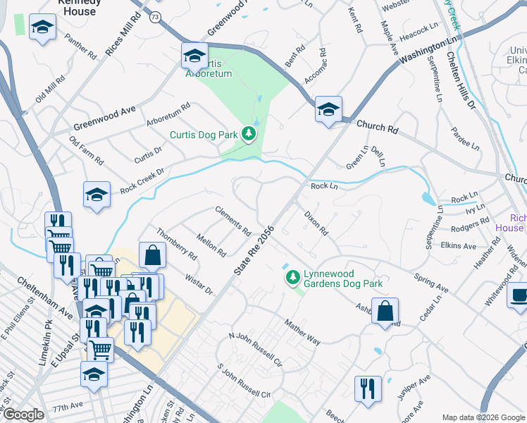 map of restaurants, bars, coffee shops, grocery stores, and more near 7806 Washington Lane in Wyncote