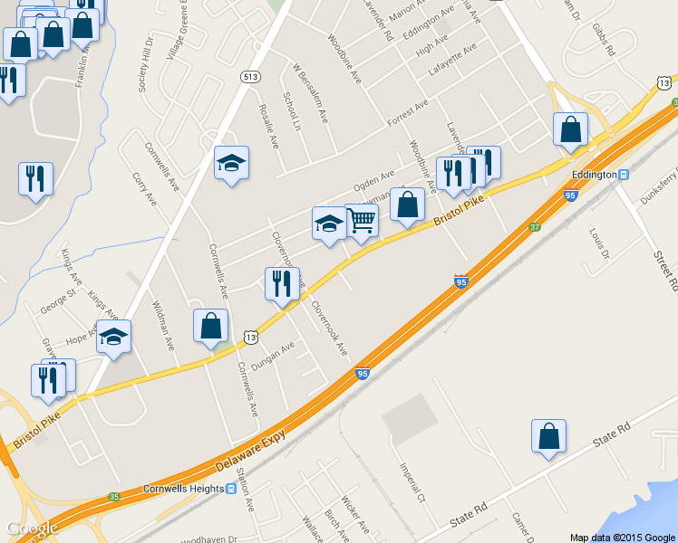 map of restaurants, bars, coffee shops, grocery stores, and more near 910 Baden Hausen Ln in Cornwells Heights-Eddington