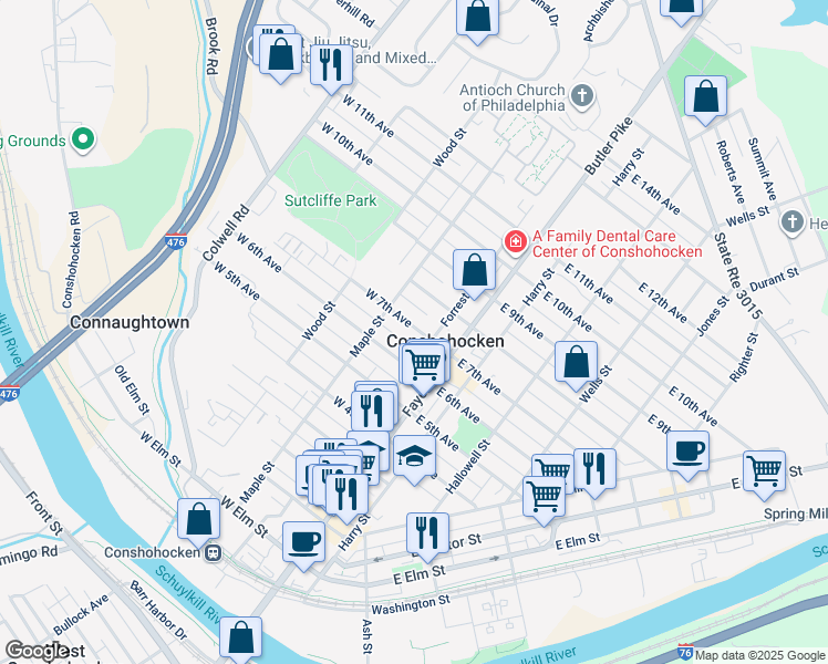 map of restaurants, bars, coffee shops, grocery stores, and more near 119 West 7th Avenue in Conshohocken