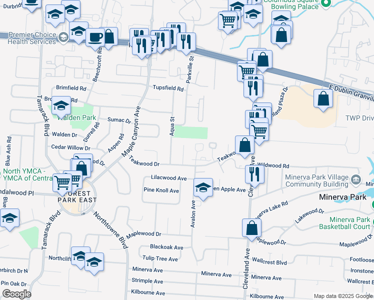 map of restaurants, bars, coffee shops, grocery stores, and more near 5421 Ivywood Lane in Columbus