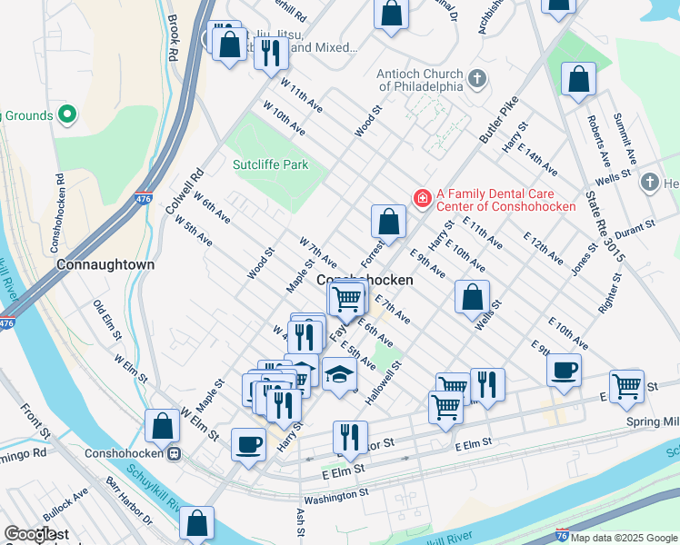 map of restaurants, bars, coffee shops, grocery stores, and more near 119 West 7th Avenue in Conshohocken