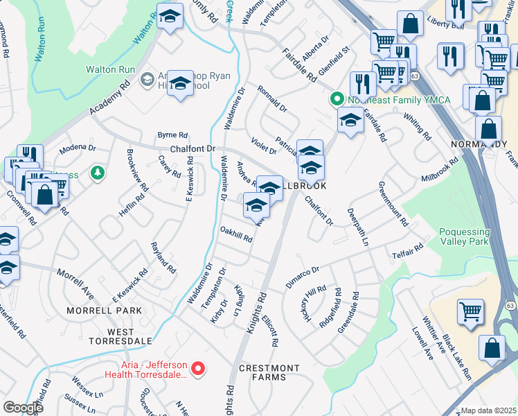 map of restaurants, bars, coffee shops, grocery stores, and more near 11030 Kipling Lane in Philadelphia