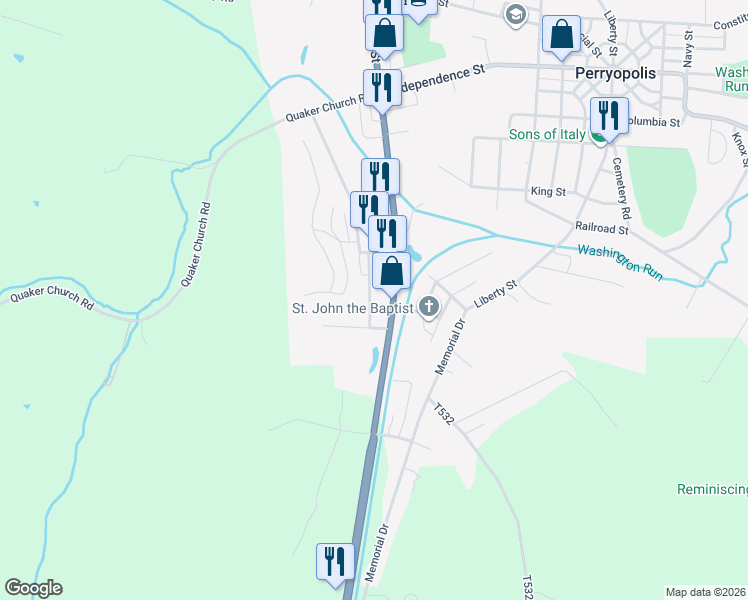 map of restaurants, bars, coffee shops, grocery stores, and more near 213 Maple Lane in Perryopolis