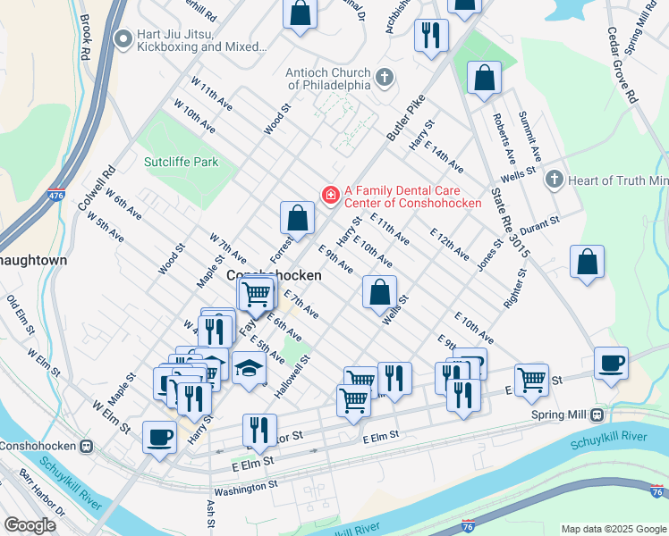 map of restaurants, bars, coffee shops, grocery stores, and more near 111 East 9th Avenue in Conshohocken