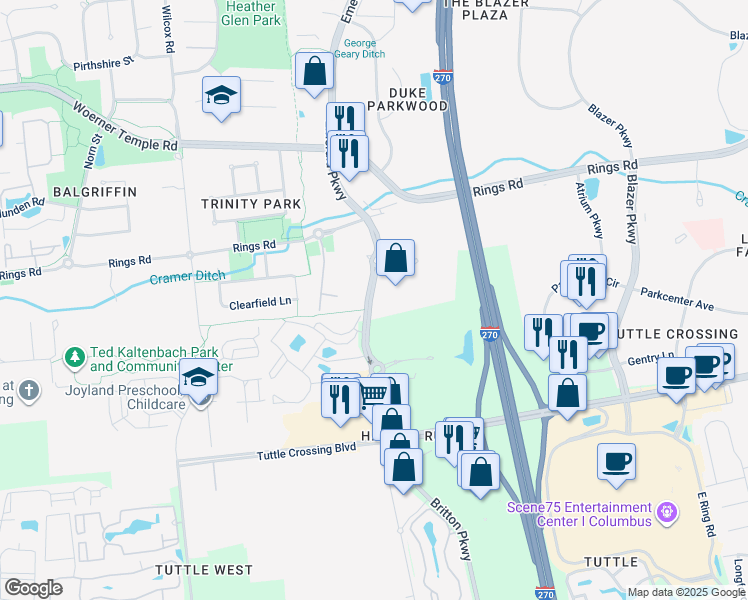 map of restaurants, bars, coffee shops, grocery stores, and more near 6500 Emerald Parkway in Dublin
