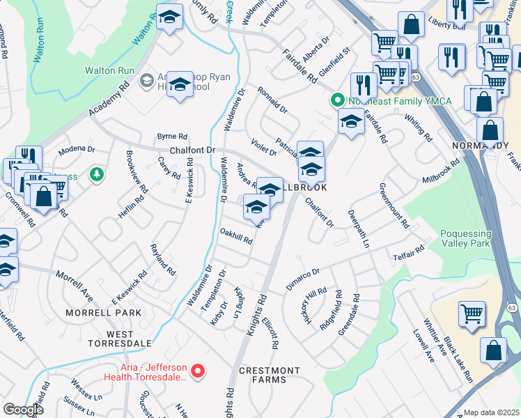 map of restaurants, bars, coffee shops, grocery stores, and more near 11030 Kipling Lane in Philadelphia
