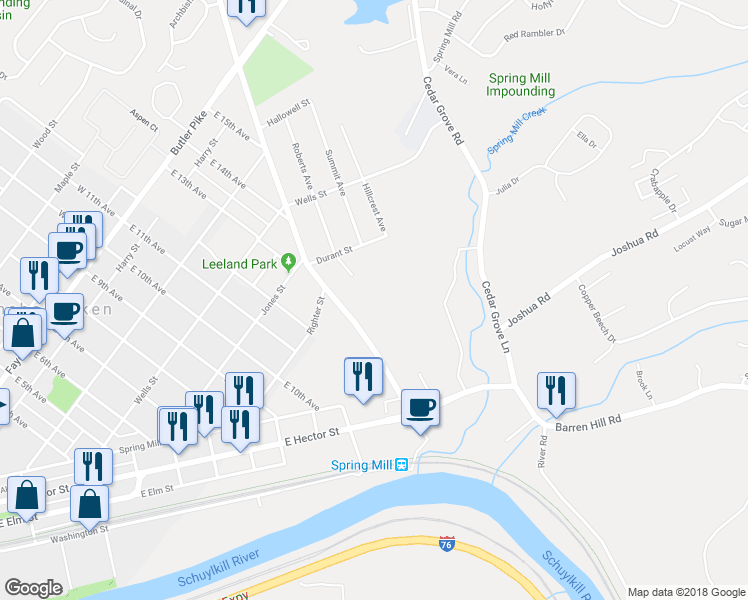 map of restaurants, bars, coffee shops, grocery stores, and more near 440 East North Lane in Conshohocken