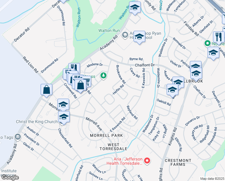 map of restaurants, bars, coffee shops, grocery stores, and more near 3510 Kyle Road in Philadelphia