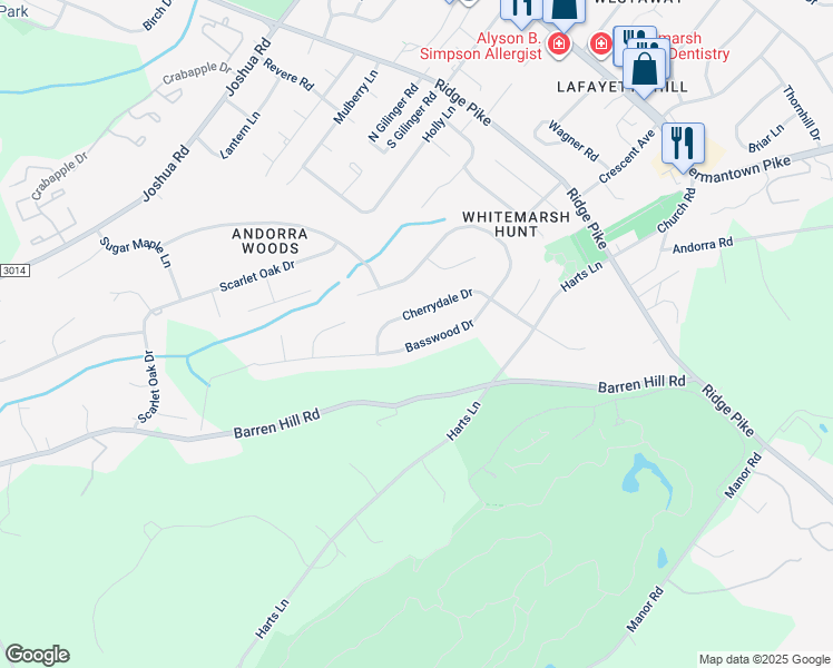 map of restaurants, bars, coffee shops, grocery stores, and more near 2131 Basswood Drive in Lafayette Hill