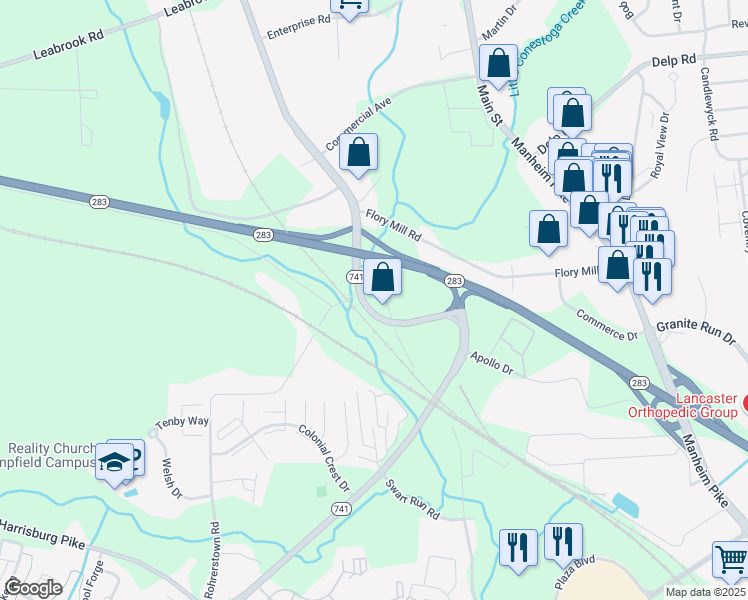 map of restaurants, bars, coffee shops, grocery stores, and more near 836 Flory Mill Road in Lancaster