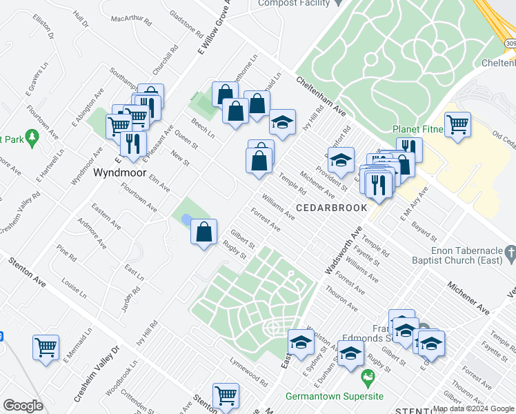 map of restaurants, bars, coffee shops, grocery stores, and more near 8647 Forrest Avenue in Philadelphia