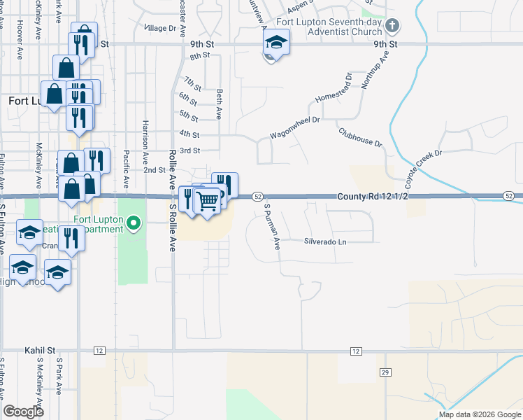 map of restaurants, bars, coffee shops, grocery stores, and more near 104 Corvette Court in Fort Lupton