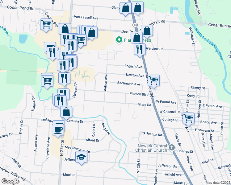 map of restaurants, bars, coffee shops, grocery stores, and more near 257 Pierson Boulevard in Newark