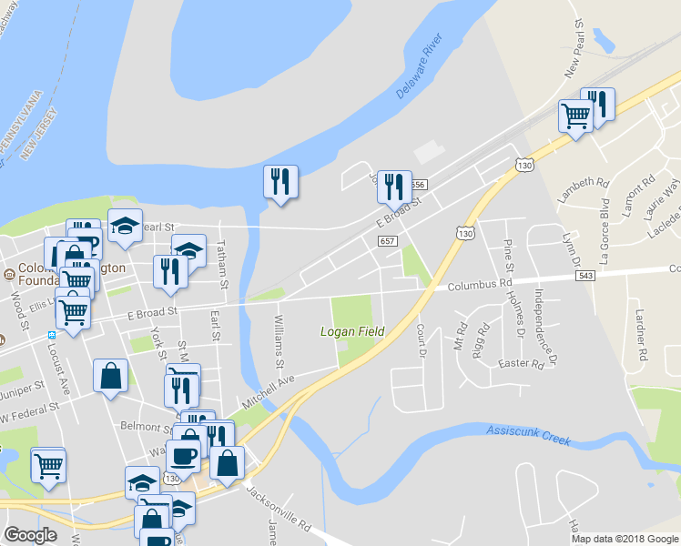 map of restaurants, bars, coffee shops, grocery stores, and more near 702 Bordentown Road in Burlington