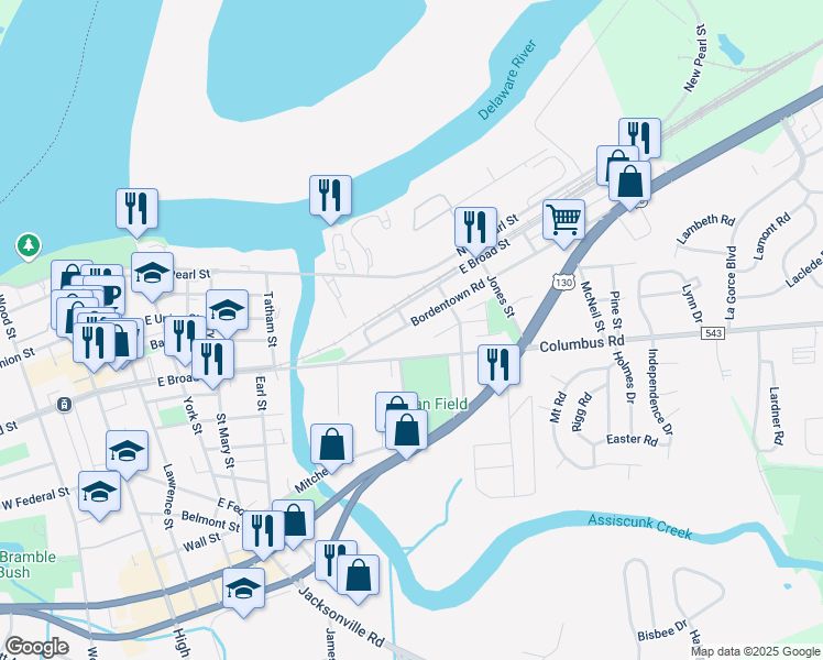 map of restaurants, bars, coffee shops, grocery stores, and more near 702 Bordentown Road in Burlington