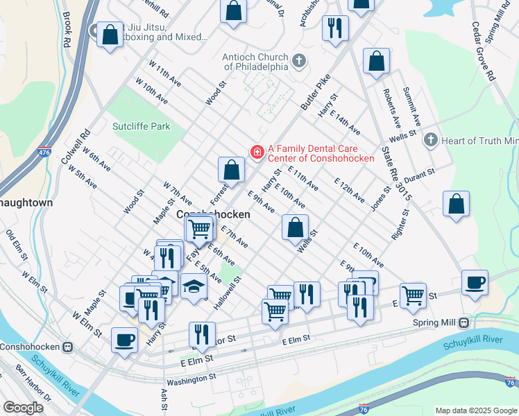 map of restaurants, bars, coffee shops, grocery stores, and more near 109 East 9th Avenue in Conshohocken