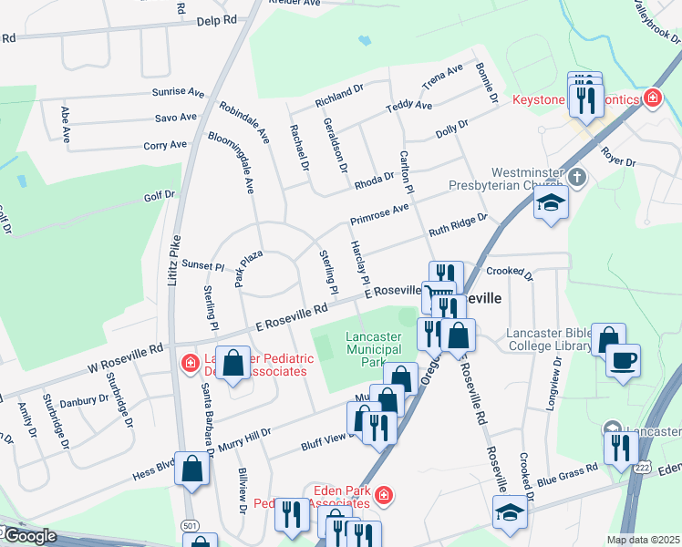 map of restaurants, bars, coffee shops, grocery stores, and more near 1984 Sterling Place in Lancaster