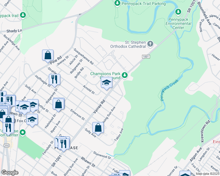 map of restaurants, bars, coffee shops, grocery stores, and more near 8530 Verree Road in Philadelphia