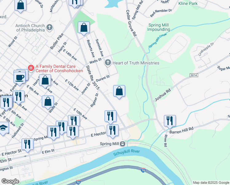 map of restaurants, bars, coffee shops, grocery stores, and more near 440 E North Ln in Conshohocken
