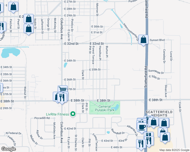 map of restaurants, bars, coffee shops, grocery stores, and more near 3507 Forest Terrace in Anderson