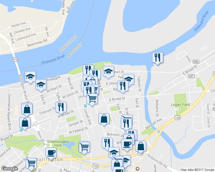 map of restaurants, bars, coffee shops, grocery stores, and more near 126 East Union Street in Burlington