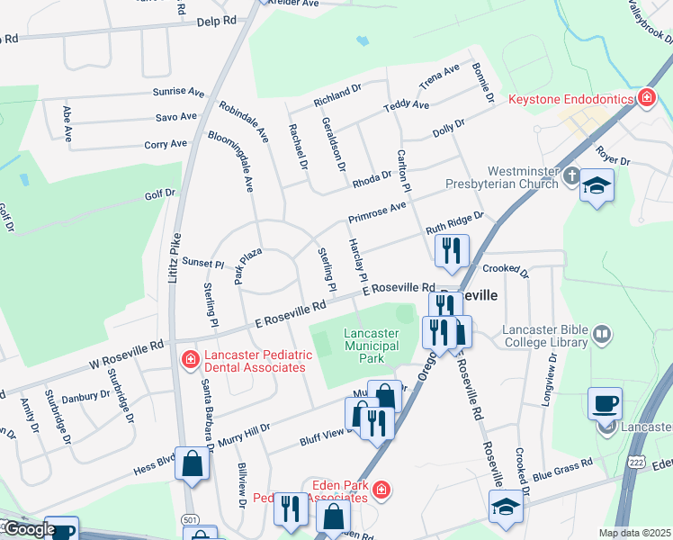 map of restaurants, bars, coffee shops, grocery stores, and more near 1984 Sterling Place in Lancaster