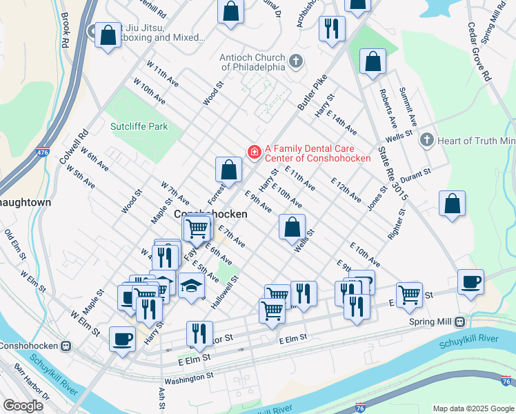 map of restaurants, bars, coffee shops, grocery stores, and more near 111 East 9th Avenue in Conshohocken
