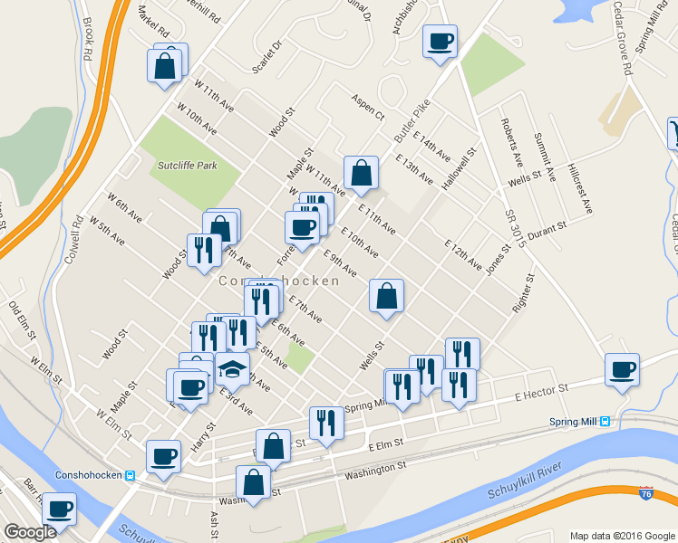 map of restaurants, bars, coffee shops, grocery stores, and more near 109 East 9th Avenue in Conshohocken