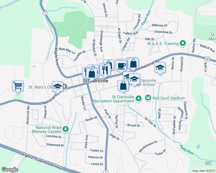 map of restaurants, bars, coffee shops, grocery stores, and more near 139 Woodrow Avenue in Saint Clairsville