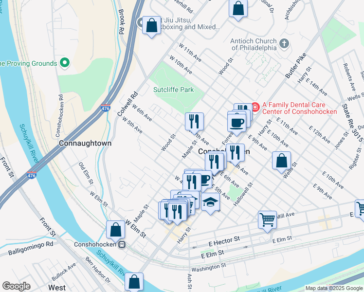 map of restaurants, bars, coffee shops, grocery stores, and more near 215 West 6th Avenue in Conshohocken