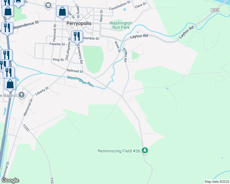 map of restaurants, bars, coffee shops, grocery stores, and more near Cemetery Road in Perryopolis