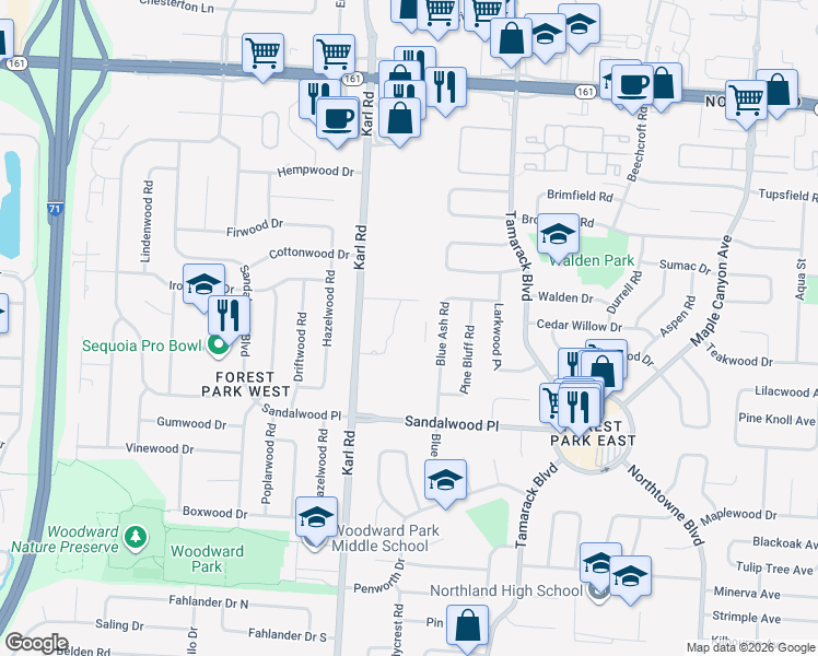 map of restaurants, bars, coffee shops, grocery stores, and more near 5500 Karl Road in Columbus
