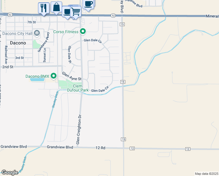 map of restaurants, bars, coffee shops, grocery stores, and more near 1201 Mac James Court in Dacono