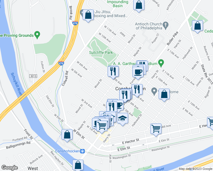 map of restaurants, bars, coffee shops, grocery stores, and more near 213 West 6th Avenue in Conshohocken