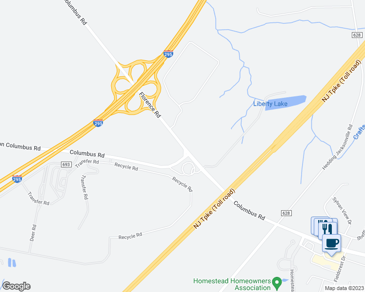 map of restaurants, bars, coffee shops, grocery stores, and more near 1183 Florence Road in Bordentown