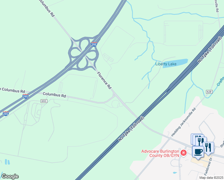 map of restaurants, bars, coffee shops, grocery stores, and more near 1183 Florence Road in Bordentown