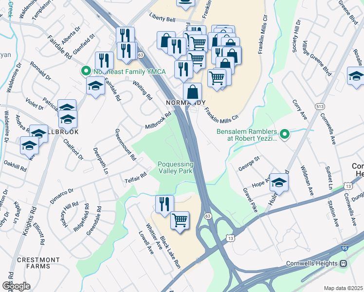 map of restaurants, bars, coffee shops, grocery stores, and more near 4439 Ernie Davis Circle in Philadelphia