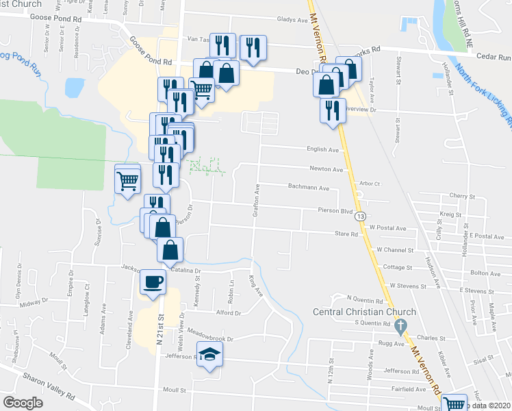 map of restaurants, bars, coffee shops, grocery stores, and more near 298 Pierson Boulevard in Newark