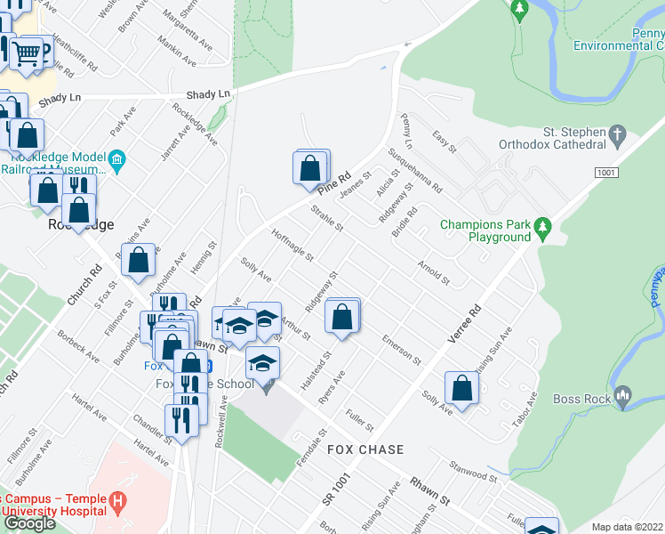 map of restaurants, bars, coffee shops, grocery stores, and more near 8302 Ridgeway Street in Philadelphia