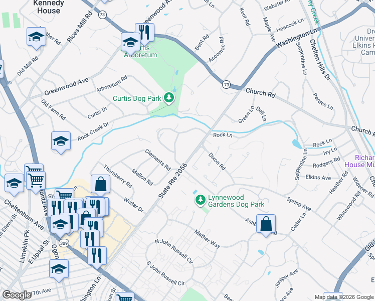 map of restaurants, bars, coffee shops, grocery stores, and more near 7806 Washington Lane in Wyncote