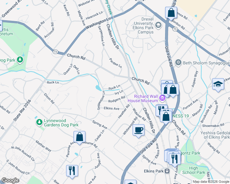 map of restaurants, bars, coffee shops, grocery stores, and more near 7914 Ivy Lane in Elkins Park