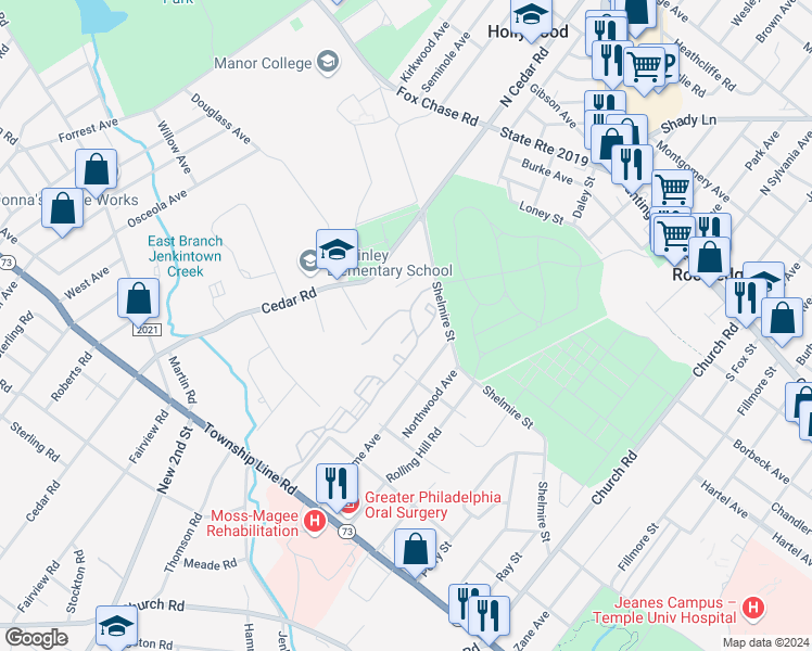map of restaurants, bars, coffee shops, grocery stores, and more near 252 Glen Place in Elkins Park