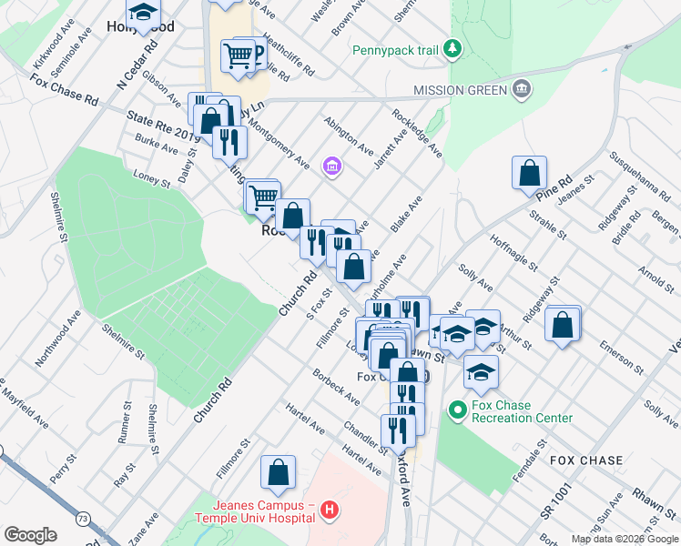 map of restaurants, bars, coffee shops, grocery stores, and more near 115 Huntingdon Pike in Rockledge
